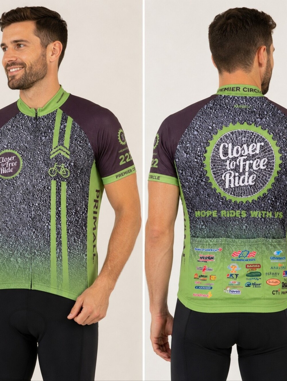 Green & Gray Cycling Jersey with 'Closer to Free Ride' Patch